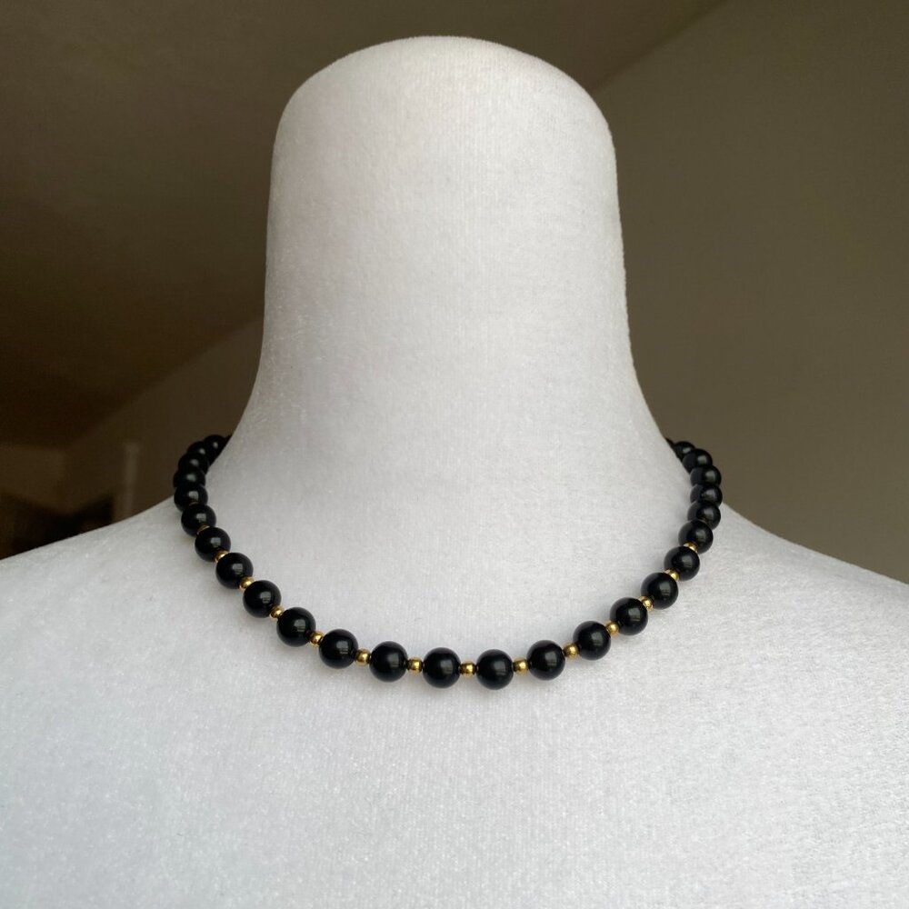 Vintage Signed Monet Black Beads Gold Tone Beaded Collar Necklace Shepherds Hook